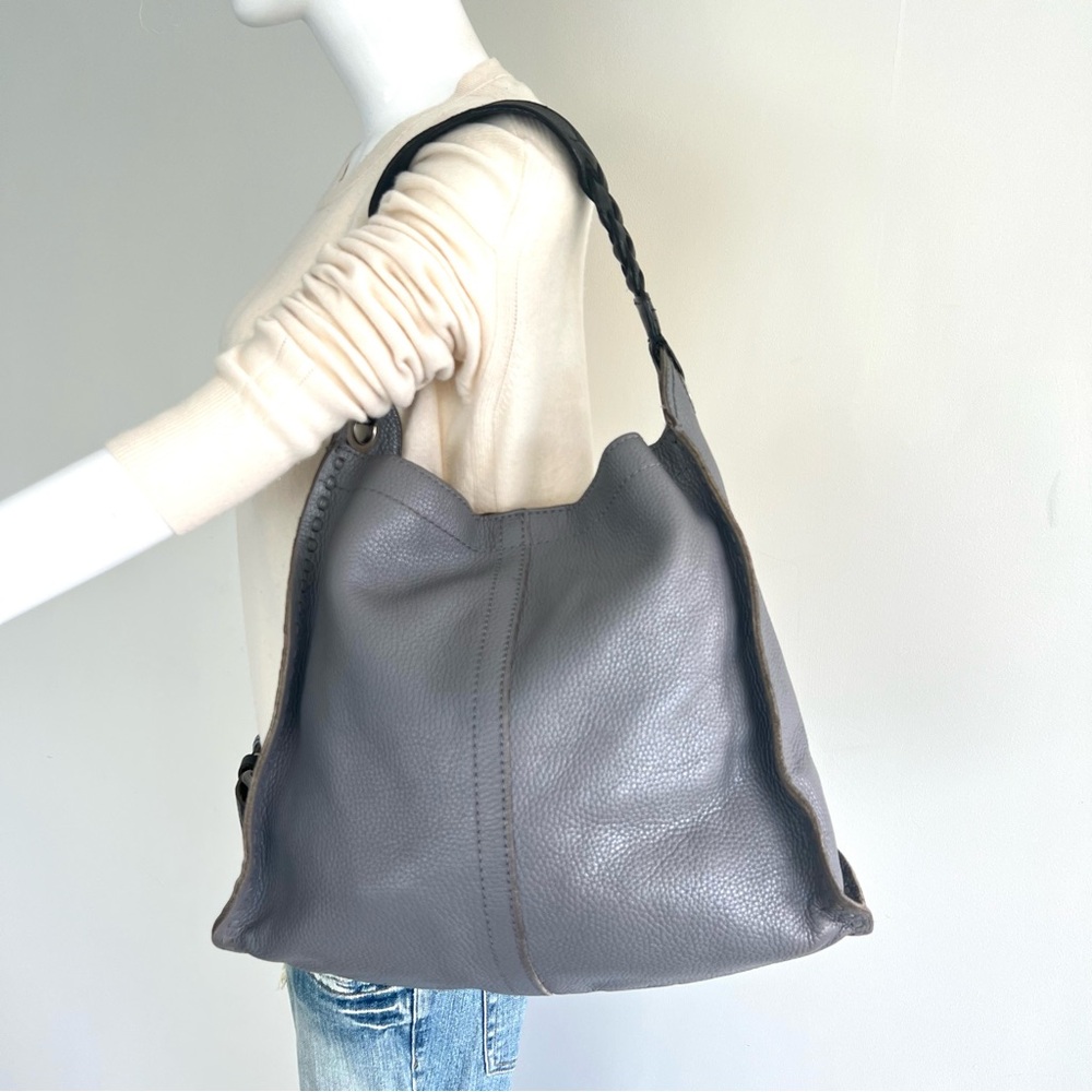 LUCKY BRAND Gray Pebbled Leather Black Braided Handles Stitching Shoulder Tote - Picture 2 of 12